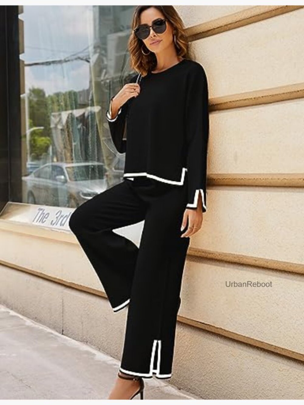 Women's 2 Piece Lounge Set Long Sleeve Knit Top Wide Leg Pants Tracksuit - Picture 5 of 7